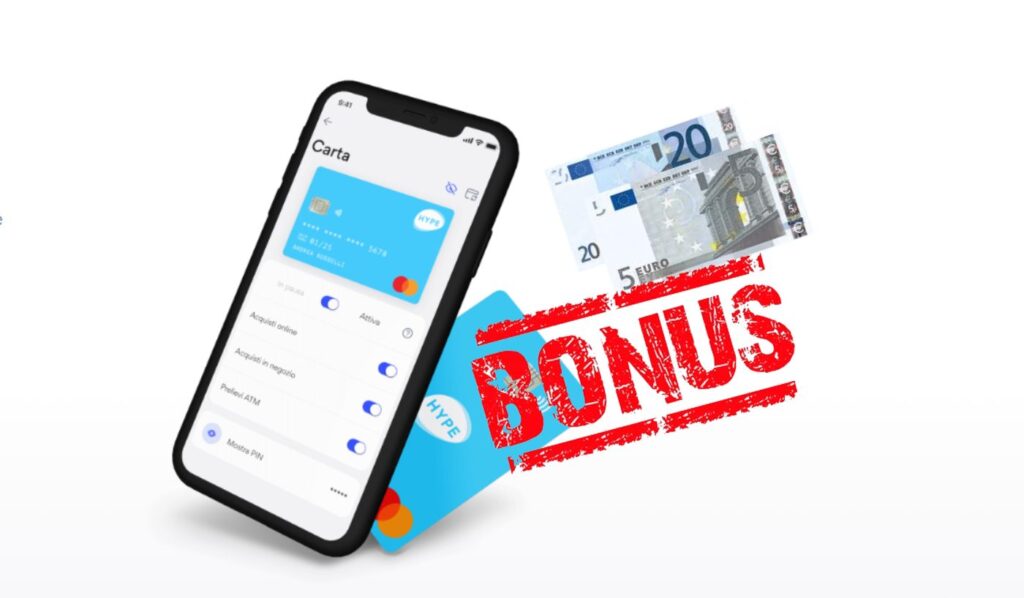 carta e app Hype con banconote da 5 e 20 euro