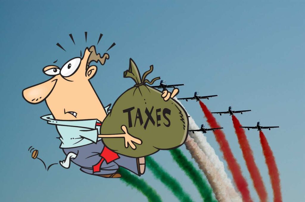 frecce tricolori e contribuente con sacco di tasse