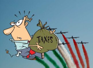 frecce tricolori e contribuente con sacco di tasse