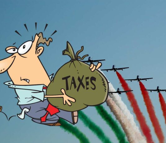 frecce tricolori e contribuente con sacco di tasse