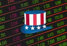 listino borsa e cappello con bandiera Usa