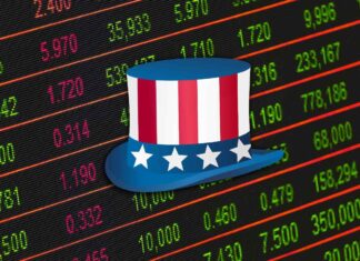 listino borsa e cappello con bandiera Usa