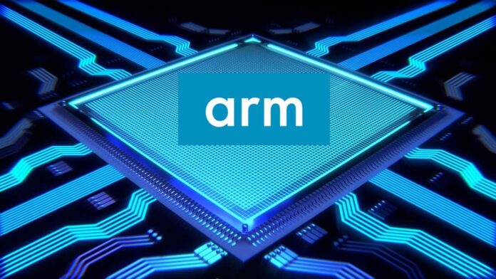 azioni ARM un microchip e il logo di ARM