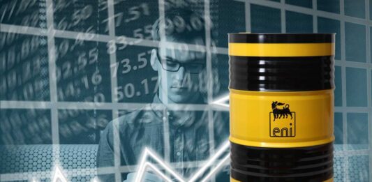 grafico di trading e barile greggio con brand Eni