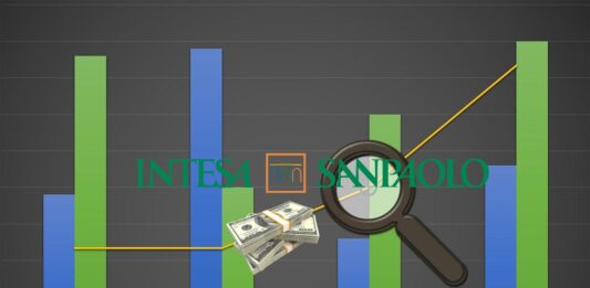 grafico, dollari e logo Intesa Sanpaolo