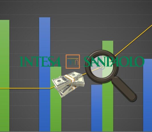 grafico, dollari e logo Intesa Sanpaolo