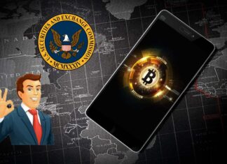 Bitcoin, logo SEC e investitore felice