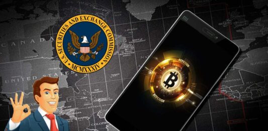 Bitcoin, logo SEC e investitore felice