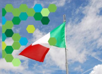 bandiera Italia con cielo blu e simbolo sostenibilità
