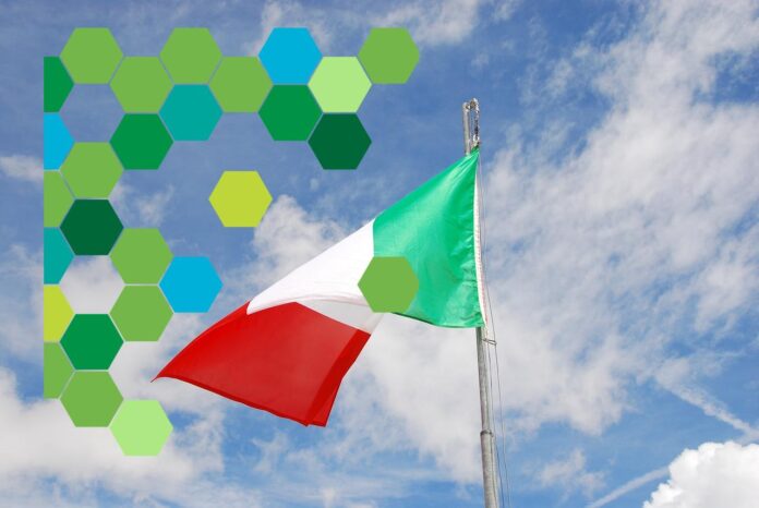 bandiera Italia con cielo blu e simbolo sostenibilità