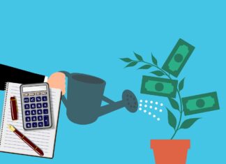 soldi in un vaso e uomo che innaffia