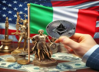 bandiera Usa e Italia con uomo che ha in mano un Ether