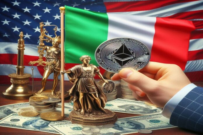 etf ethereum italia bandiera Usa e Italia con uomo che ha in mano un Ether