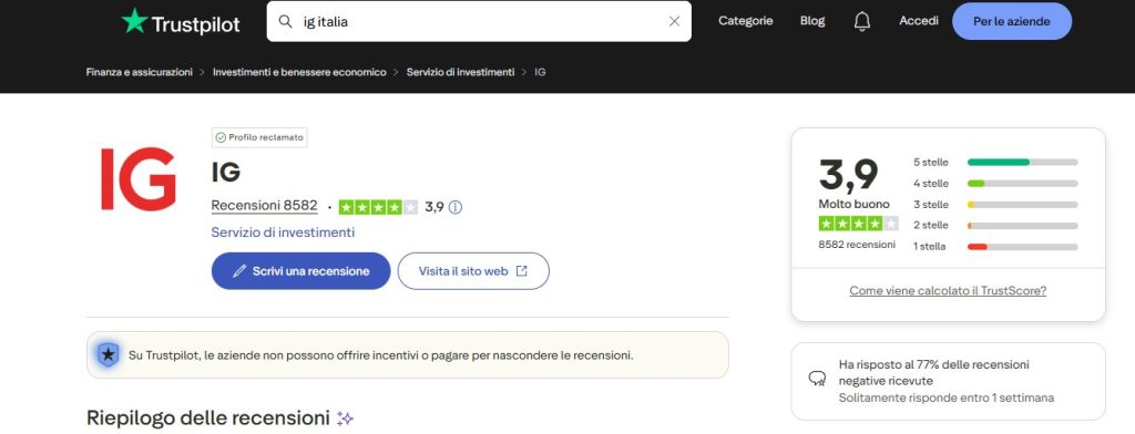Scheda IG su Trustpilot