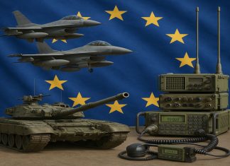 aerei da guerra, carri armati e bandiera UE