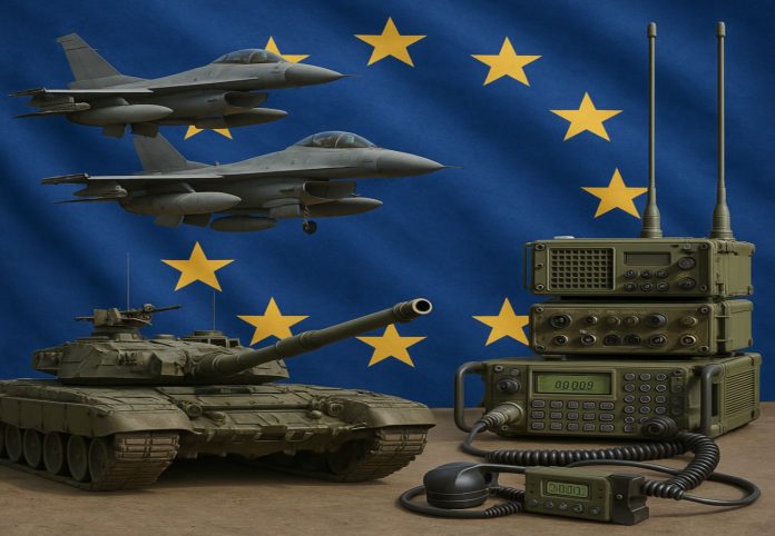 aerei da guerra, carri armati e bandiera UE