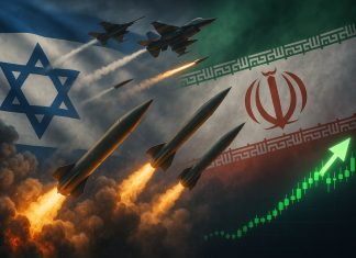 bandiera Israele e Iran con missili e aerei da guerra