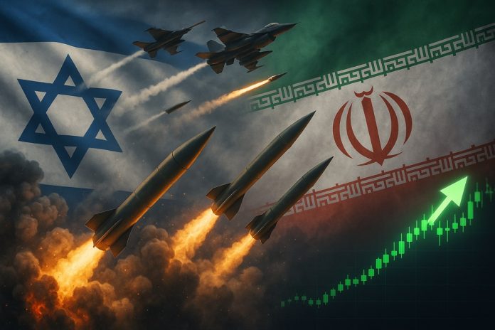 bandiera Israele e Iran con missili e aerei da guerra