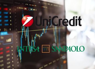 grafico di borsa e loghi di Unicredit e Intesa Sanpaolo