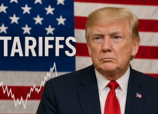 volto di Trump, bandiera Usa e grafico volatile