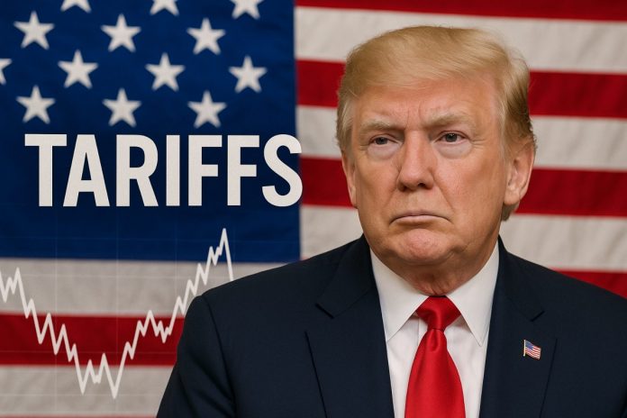 volto di Trump, bandiera Usa e grafico volatile