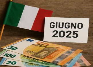 soldi e bandiera Italia con cartello con sui scritto giugno 2025