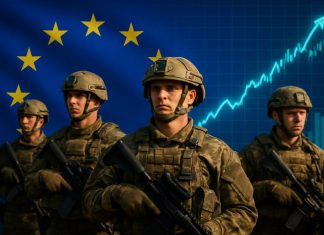 soldati con bandiera UE sullo sfondo