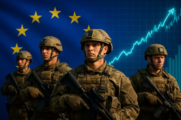 etf difesa amundi soldati con bandiera UE sullo sfondo