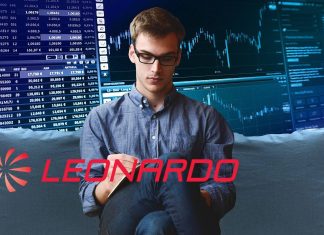 trader che fa calcoli e logo di Leonardo
