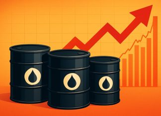 barili petrolio e grafico al rialzo