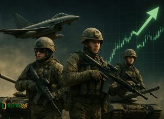 soldati, aerei da combattimento, carri armati e grafico al rialzo