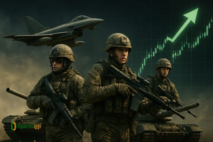 soldati, aerei da combattimento, carri armati e grafico al rialzo