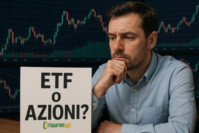 azioni o etf investitore che pensa e grafico sullo sfondo