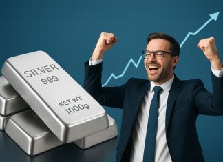 lingotti argento e investitore felice