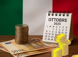 calendario aste, soldi in primo piano e bandiera Italia sullo sfondo