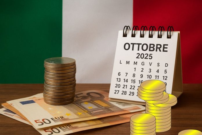 calendario aste, soldi in primo piano e bandiera Italia sullo sfondo
