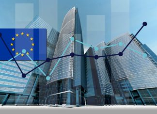 palazzi di banche e bandiera europea