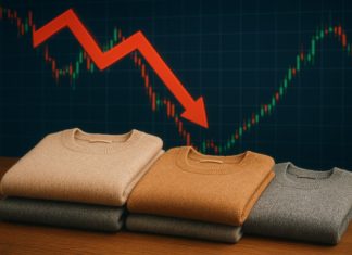 grafico di borsa che evidenzia crollo e maglioni in cashmire in primo piano