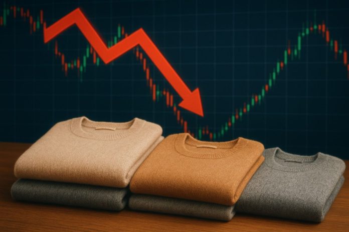 grafico di borsa che evidenzia crollo e maglioni in cashmire in primo piano