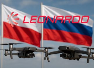 droni, bandiere Polonia e Russia e logo Leonardo