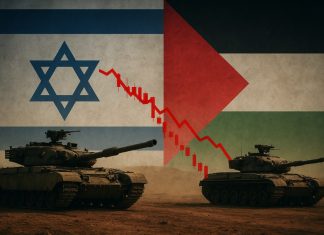 bandiera Israele e Palestina e carri armati