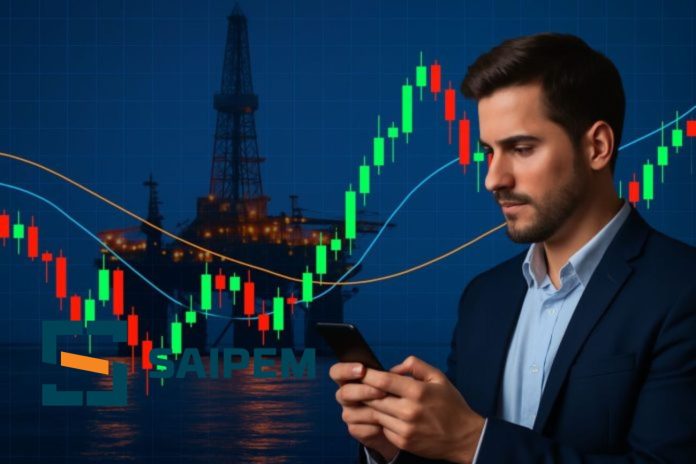 trader che opera e piattaforma petrolifera sullo sfondo