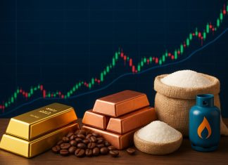 varie materie prime e grafico al rialzo