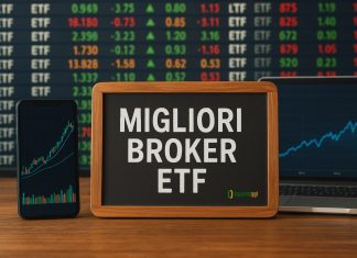 grafici di borsa e lavagna con scritto "migliori broker ETF"