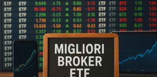 grafici di borsa e lavagna con scritto "migliori broker ETF"