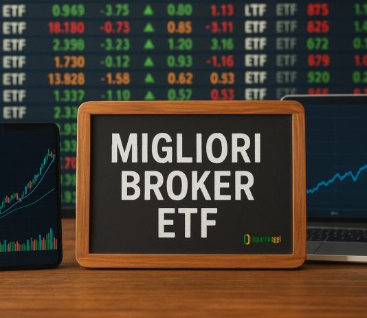 grafici di borsa e lavagna con scritto "migliori broker ETF"