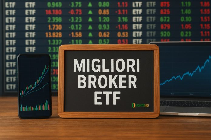 migliori broker ETF grafici di borsa e lavagna con scritto "migliori broker ETF"