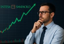 trader che pensa e logo Intesa Sanpaolo