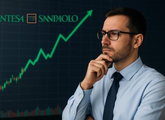 trader che pensa e logo Intesa Sanpaolo