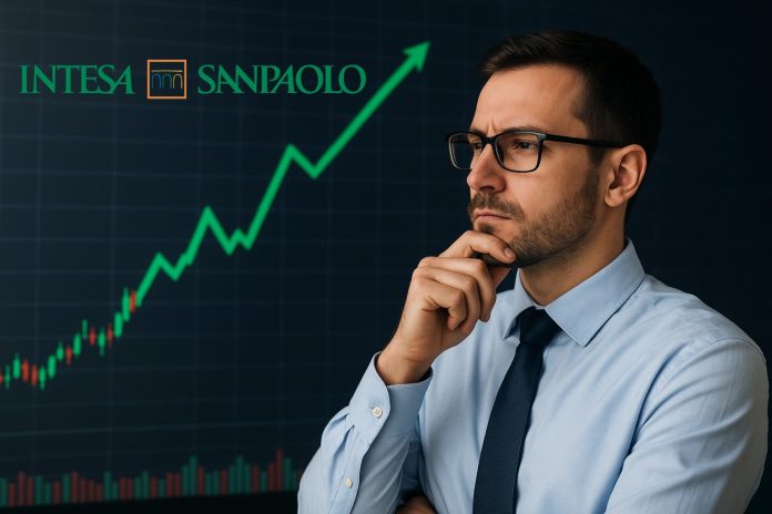 trimestrale Intesa SP trader che pensa e logo Intesa Sanpaolo